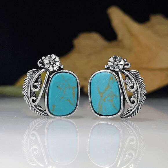 SILVER TURQUOUSE BOHO WESTERN FLOWER LEAF FEATHER STUD EARRINGS - Picture 5 of 5